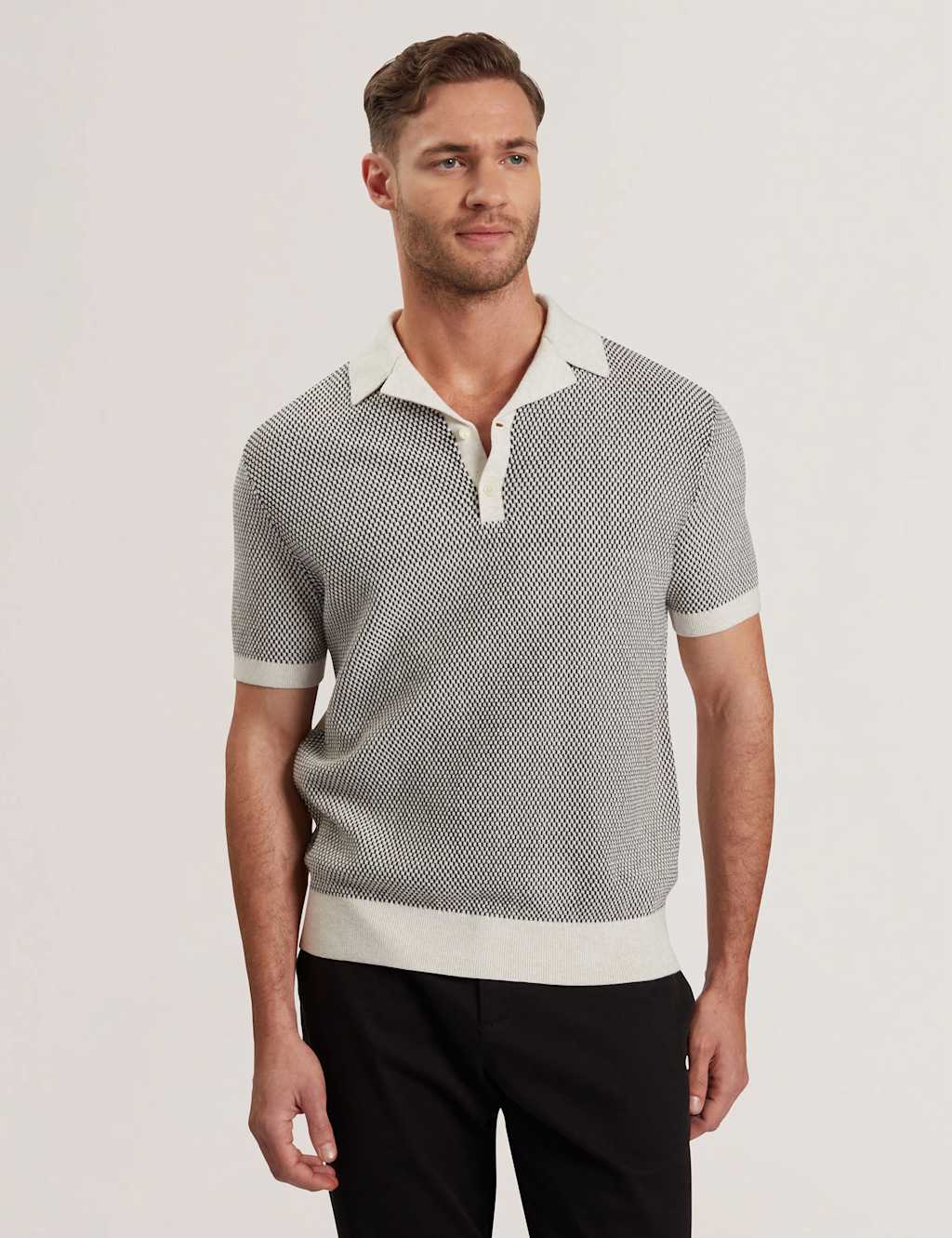 Ted Baker Pure Cotton Knitted Polo Shirt Cream Mix