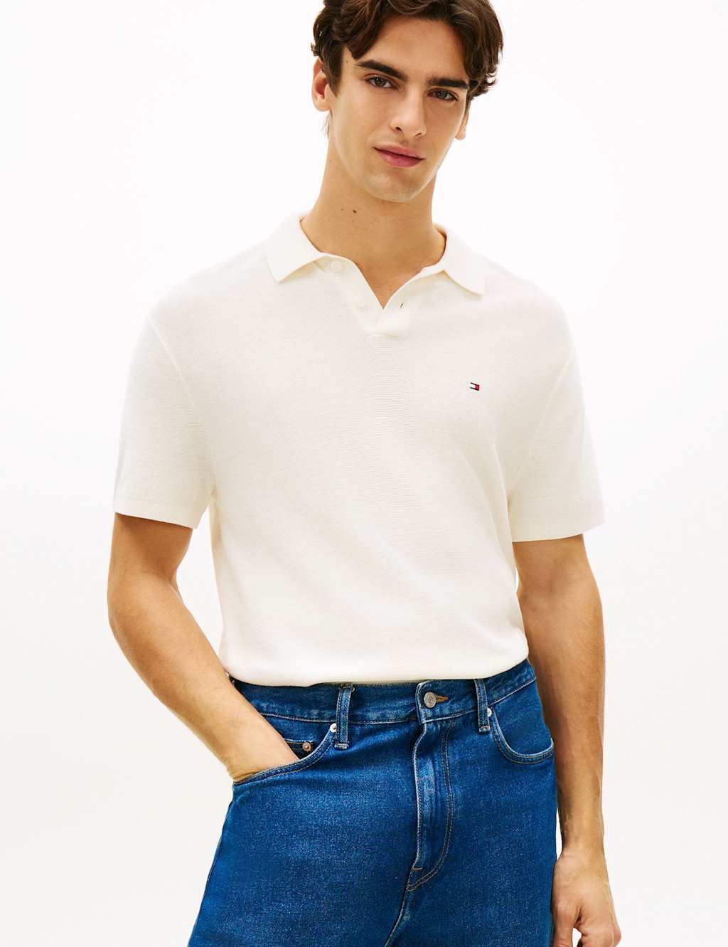 Tommy Hilfiger Pure Cotton Textured Knitted Polo Shirt Ivory