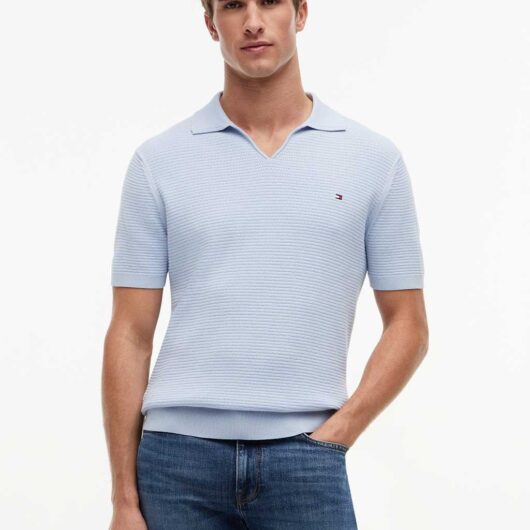 Tommy Hilfiger Pure Cotton Textured Knitted Polo Shirt Light Blue