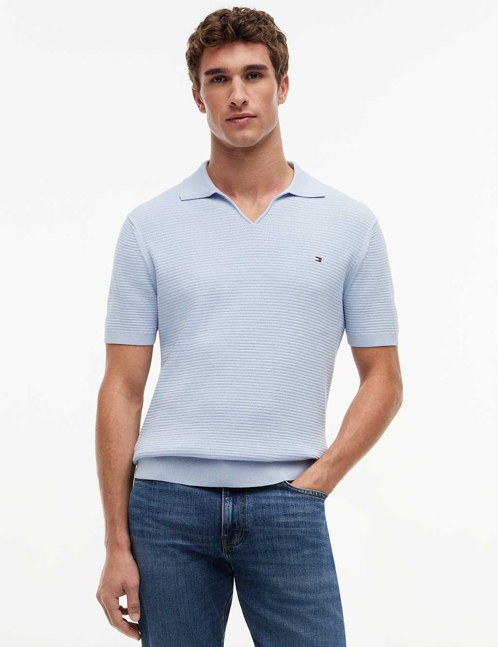 Tommy Hilfiger Pure Cotton Textured Knitted Polo Shirt Light Blue
