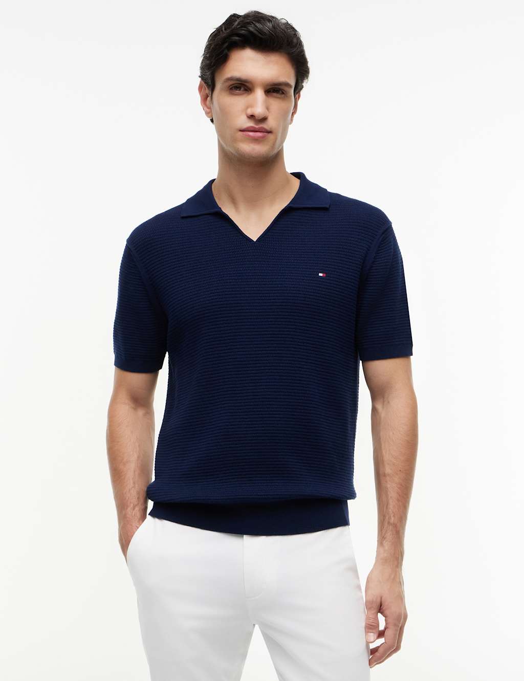 Tommy Hilfiger Pure Cotton Textured Knitted Polo Shirt Navy
