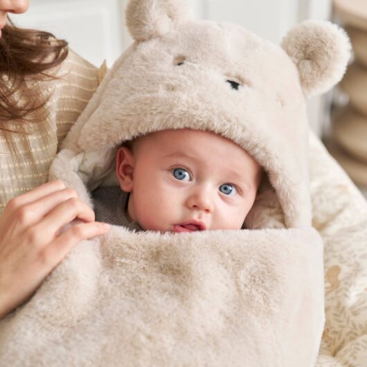 Transformable Baby Nest in Plush Fabric, Bear printed beige