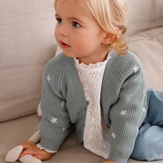 V-Neck, Brioche Stitch Cardigan with Embroidery, for Babies aqua green