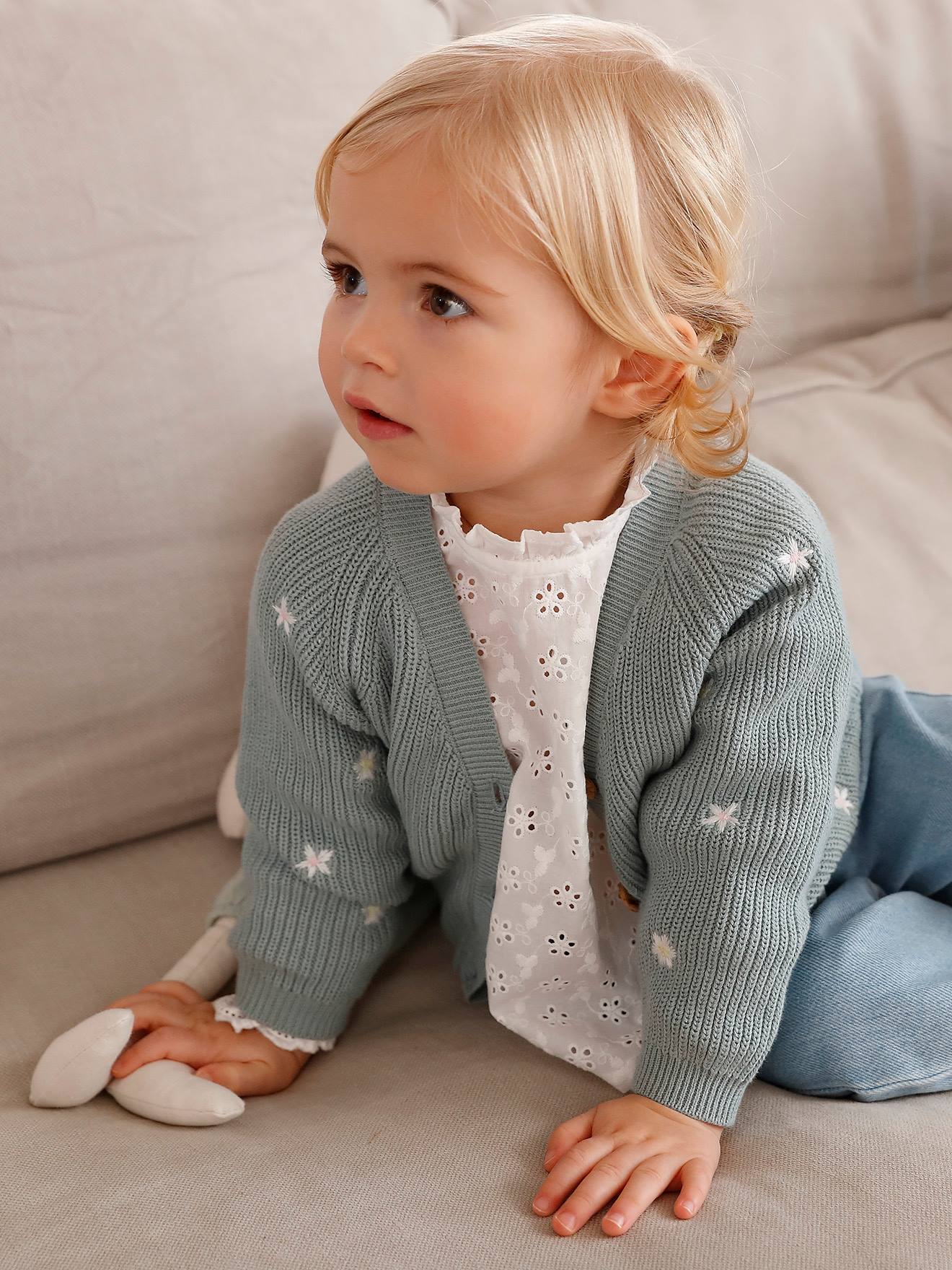 V-Neck, Brioche Stitch Cardigan with Embroidery, for Babies aqua green