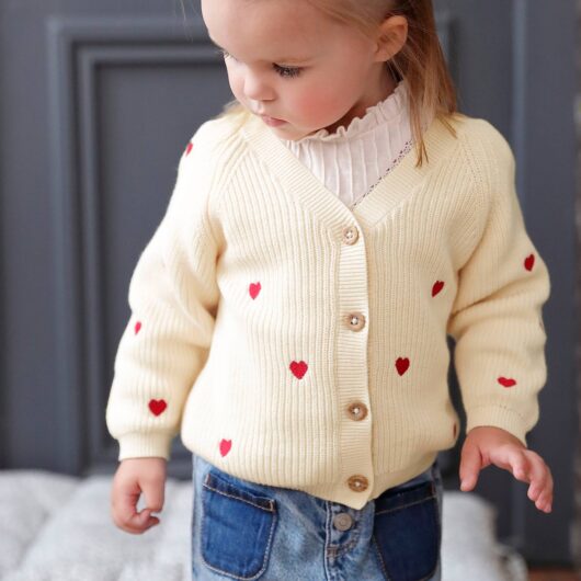 V-Neck, Brioche Stitch Cardigan with Embroidery, for Babies ecru