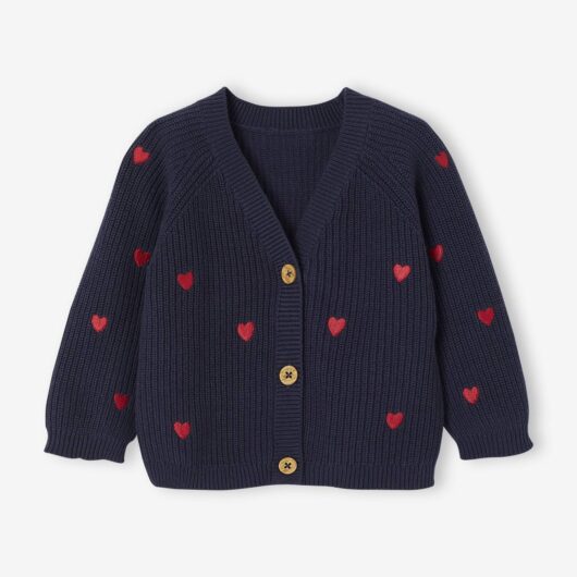 V-Neck, Brioche Stitch Cardigan with Embroidery, for Babies navy blue