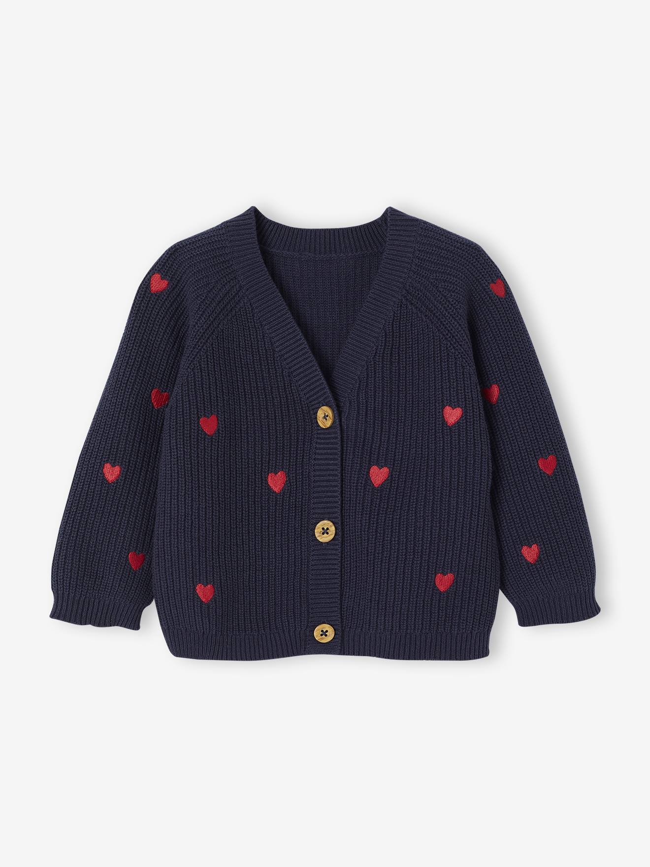 V-Neck, Brioche Stitch Cardigan with Embroidery, for Babies navy blue