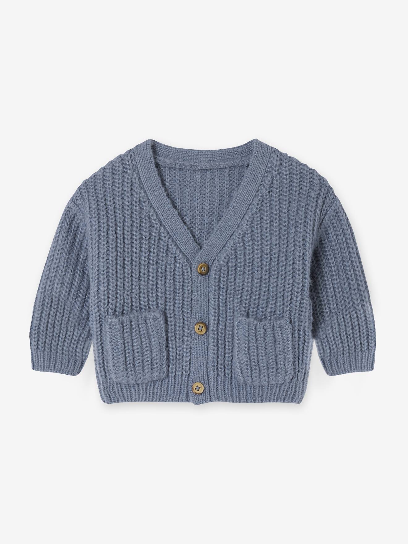 V-neck cardigan for babies in chunky knit grey blue