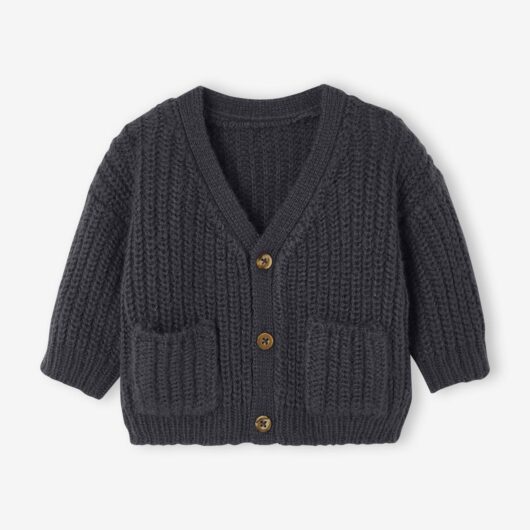 V-neck cardigan for babies in chunky knit slate grey
