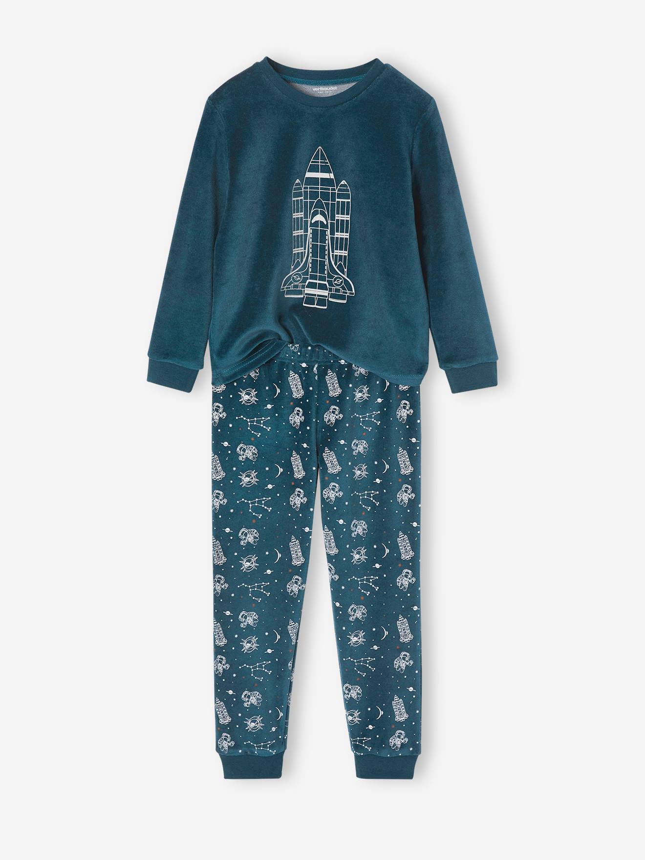 Velour Pyjamas with Glow-In-The-Dark Rocket for Boys peacock blue