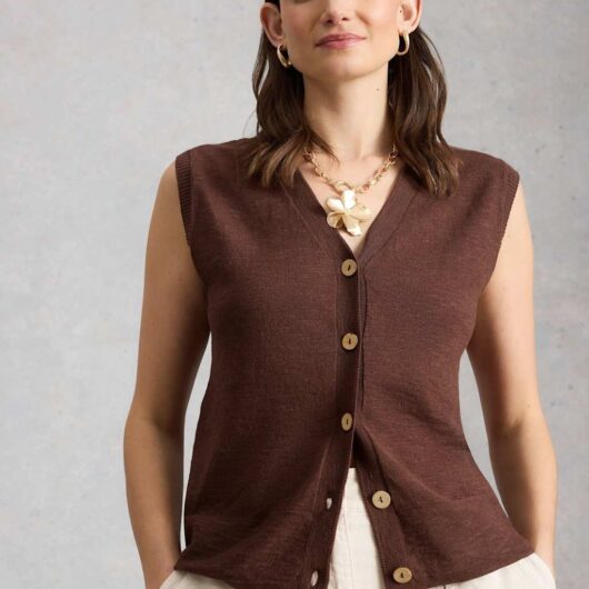 White Stuff Cotton Rich V-Neck Knitted Vest Brown