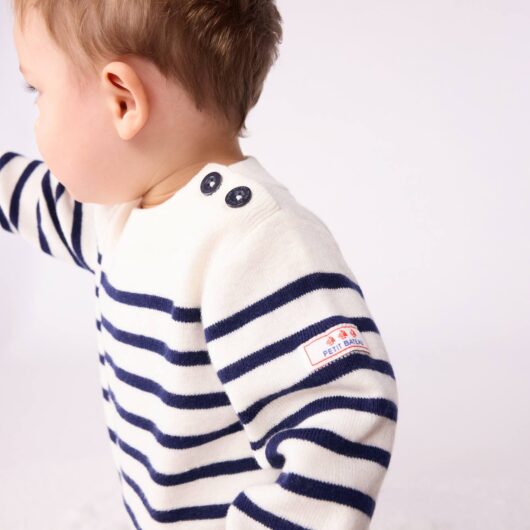 Wool and cotton striped sailor jumper for babies by PETIT BATEAU ecru