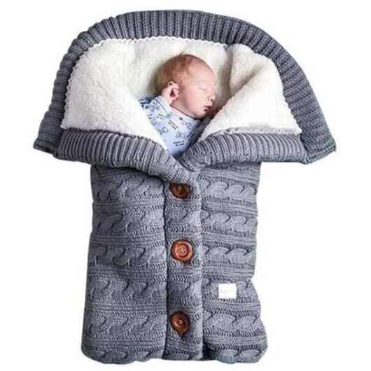 knitted baby swaddle, diapers, warm winter sleeping bag