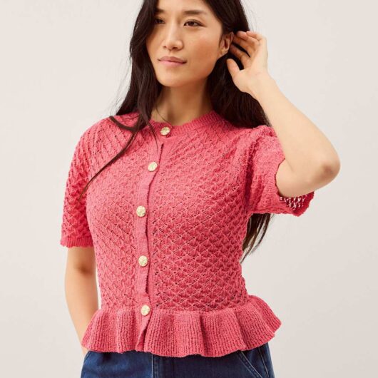 Monsoon Ruffle Knit Textured Button Front Cardigan Pink