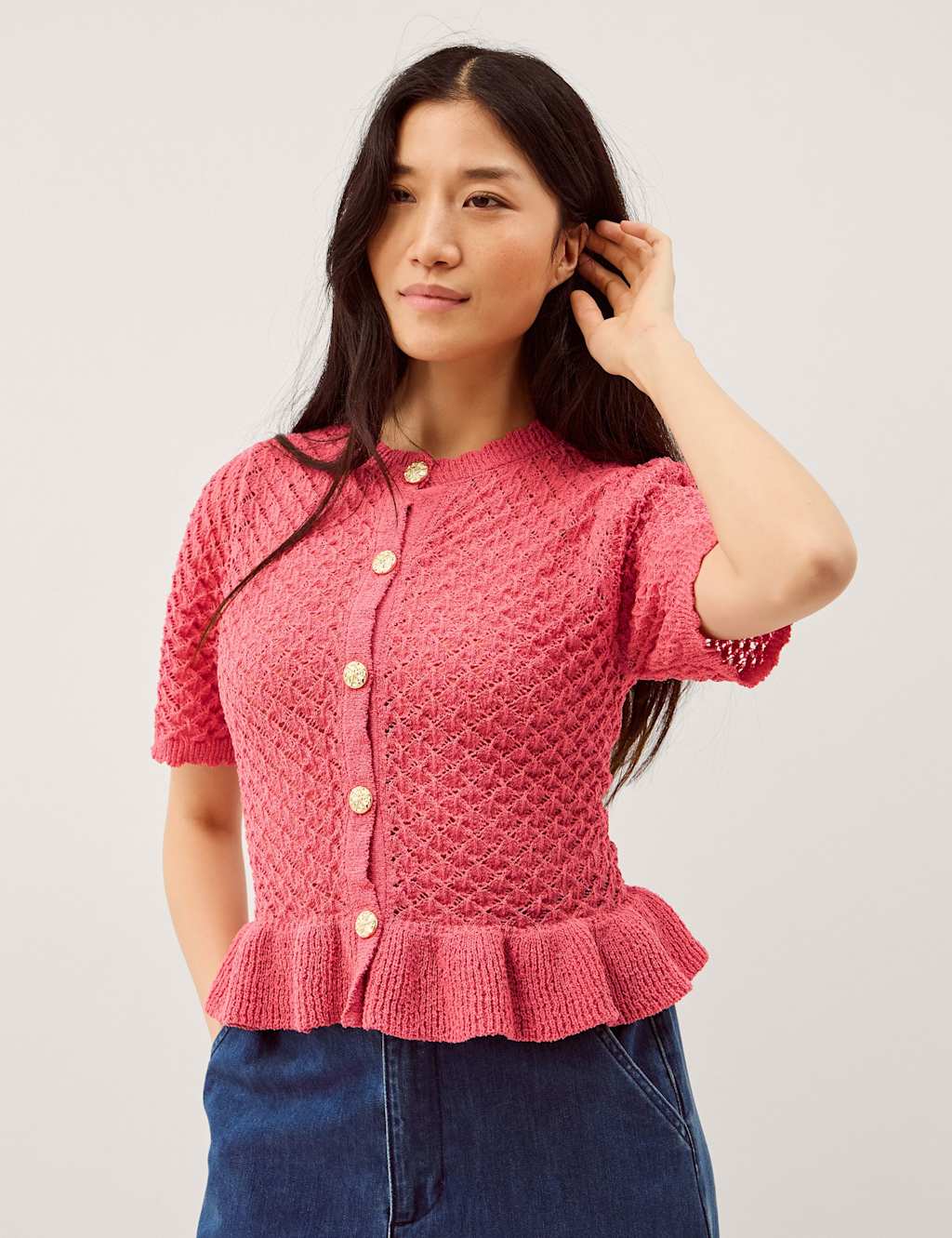 Monsoon Ruffle Knit Textured Button Front Cardigan Pink