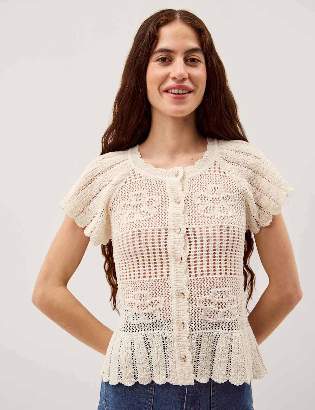 Monsoon Textured Flower Scalloped Crew Neck Cardigan Ivory