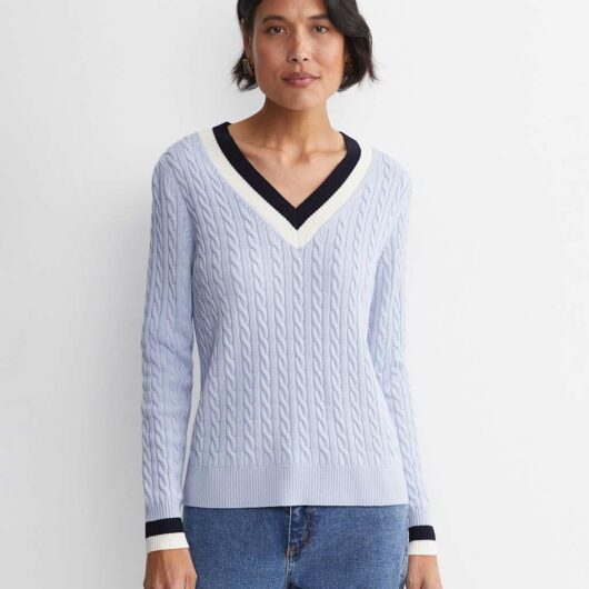 Sportscraft Pure Wool Cable Knit V-Neck Jumper Light Blue Mix