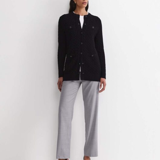 Sportscraft Wool Blend Cable Knit Longline Cardigan Black