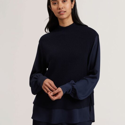 Ted Baker High Neck Woven Sleeve Knitted Jumper Navy