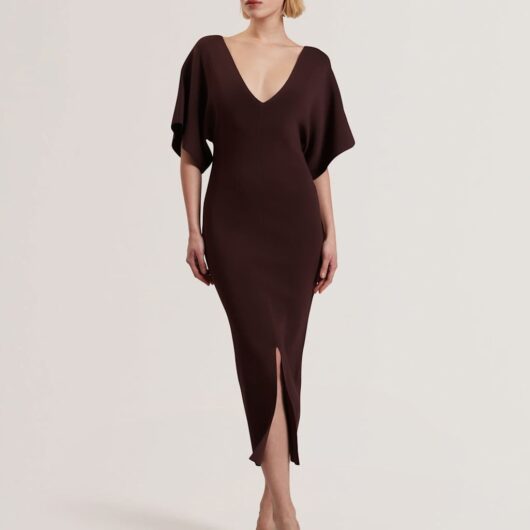 Ted Baker Knitted V-Neck Midi Bodycon Dress Brown