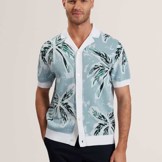 Ted Baker Regular Fit Knitted Leaf Short Sleeve Shirt Blue