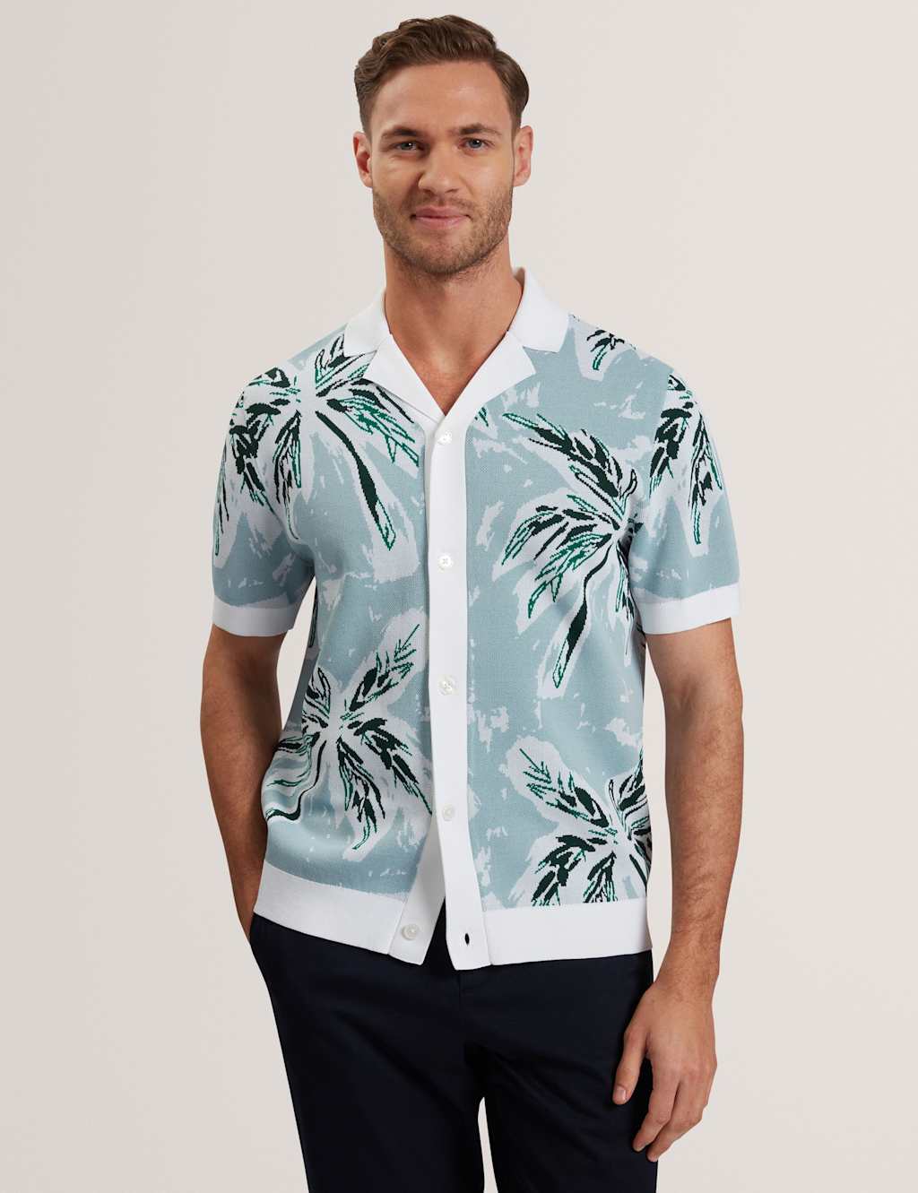 Ted Baker Regular Fit Knitted Leaf Short Sleeve Shirt Blue