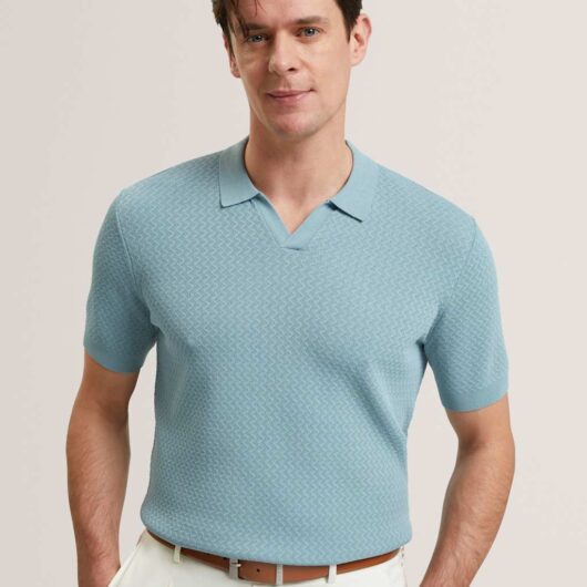 Ted Baker Zig Zag Stitch Knitted Polo Shirt Blue