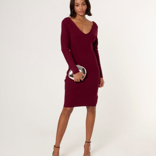 V Neck Bow Back Detailed Knitted Dress - 14/16 / BERRY