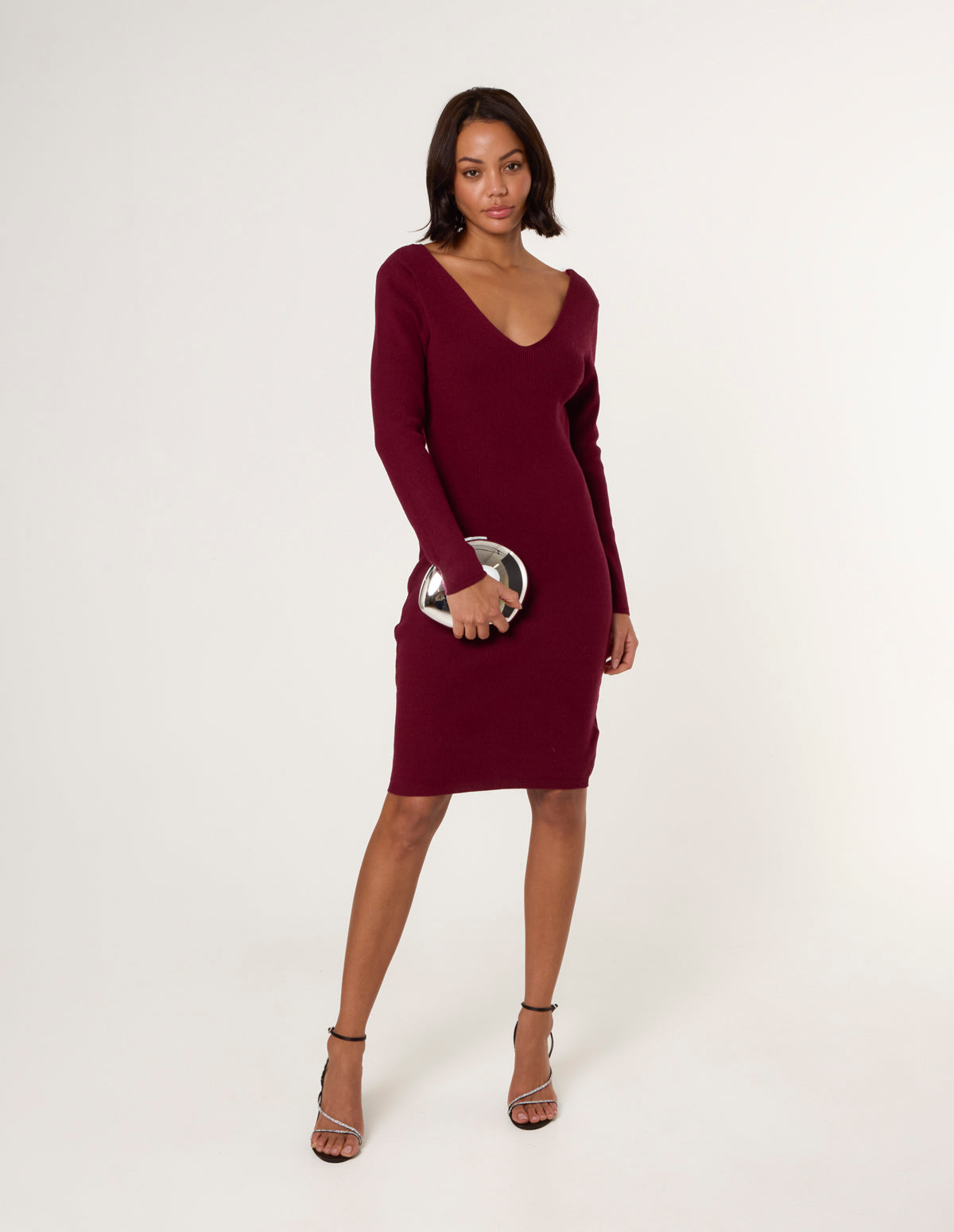 V Neck Bow Back Detailed Knitted Dress - 14/16 / BERRY