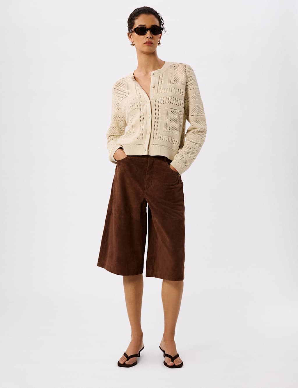 Whistles Pure Cotton Open Knit Button Front Cardigan Ivory