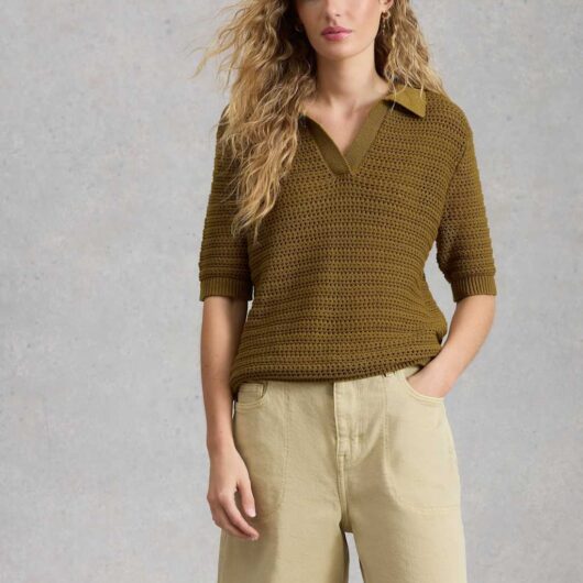 White Stuff Pure Cotton Textured Collared Knitted Top Green