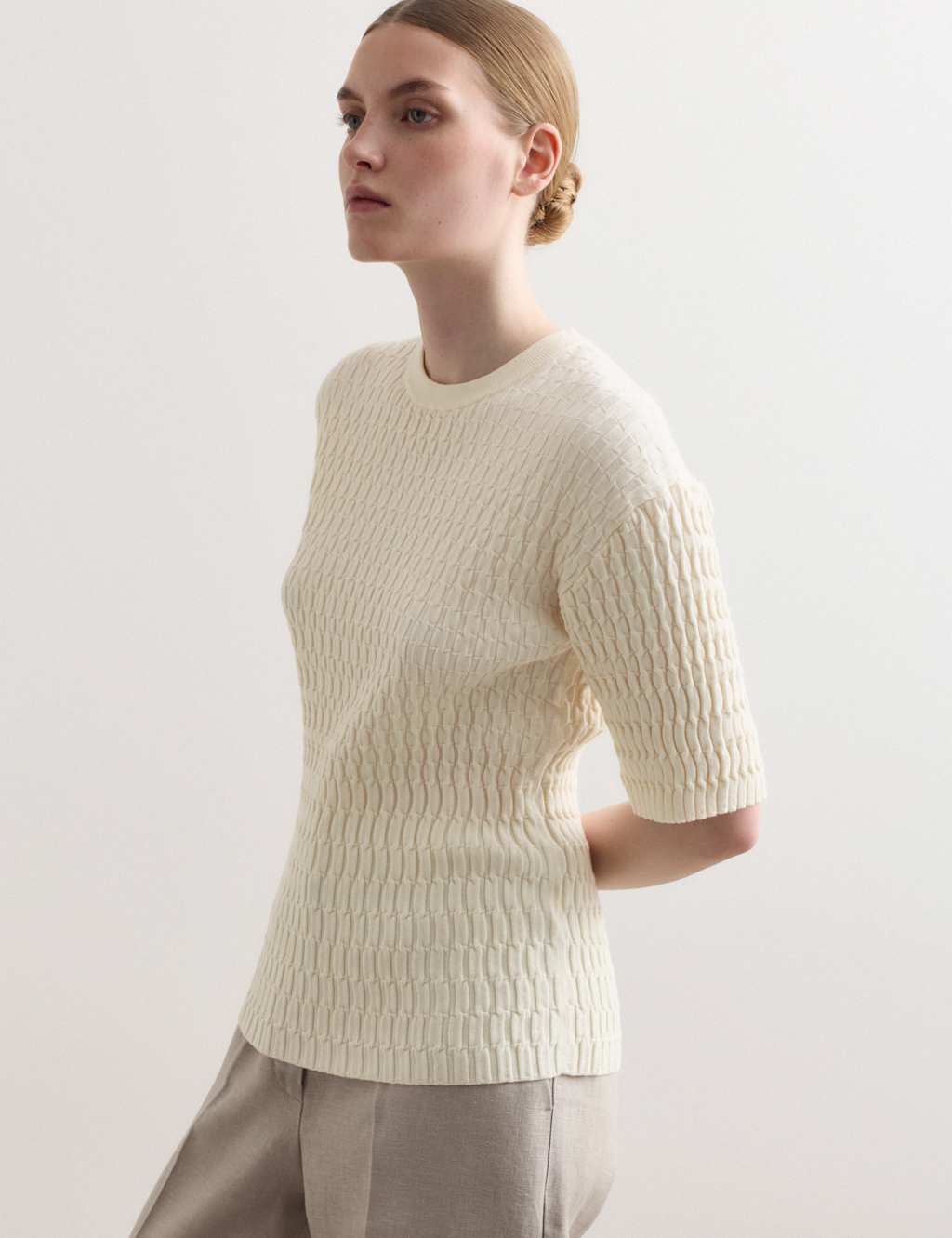 JAEGER Merino Rich Textured Knitted T-Shirt Ivory