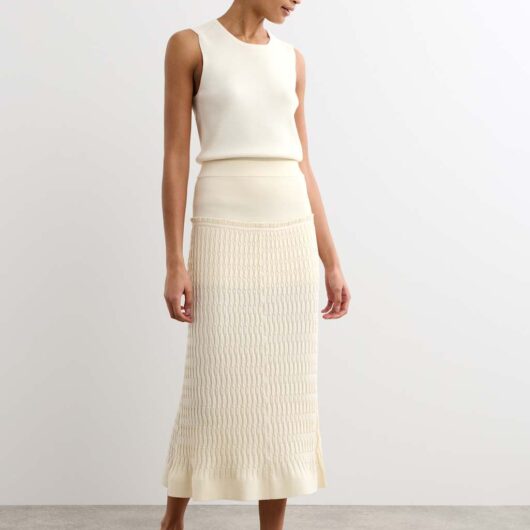 JAEGER Merino Wool Rich Knitted Pleated Midi Skirt Ivory