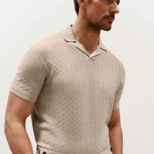 JAEGER Merino Wool with Silk Knitted Polo Shirt Beige