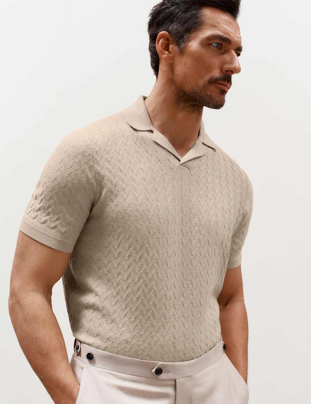 JAEGER Merino Wool with Silk Knitted Polo Shirt Beige