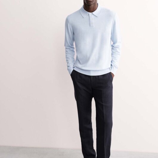 JAEGER Merino Wool with Silk Knitted Polo Shirt Light Blue