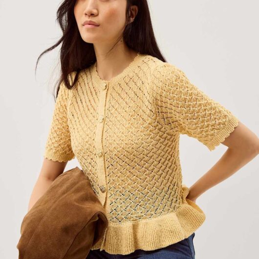 Monsoon Ruffle Knit Textured Button Front Cardigan Yellow