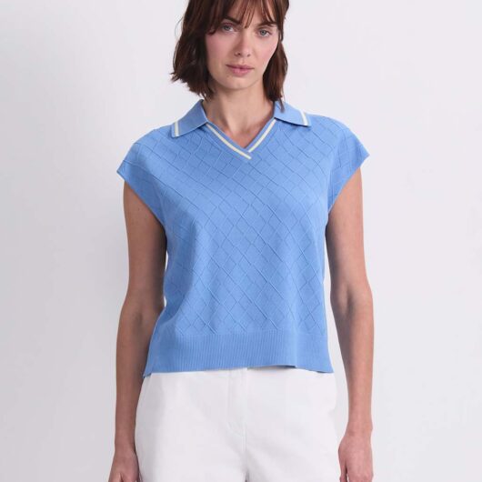 Sportscraft Knitted Argyle Textured Polo Shirt Blue