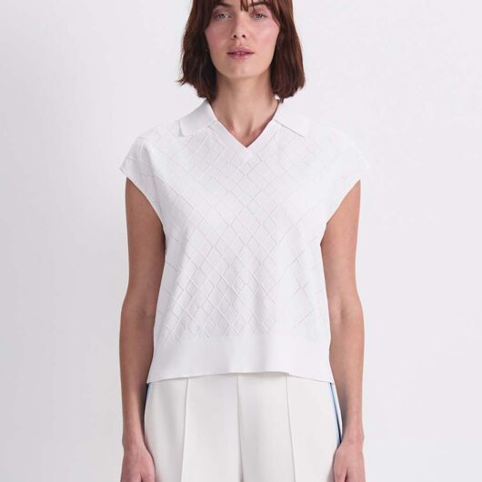 Sportscraft Knitted Argyle Textured Polo Shirt Cream