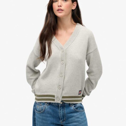 Superdry & Co Pure Cotton Stripe Detail Knitted Cardigan Grey