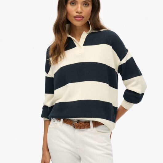 Superdry & Co Pure Cotton Striped Rugby Knitted Jumper White
