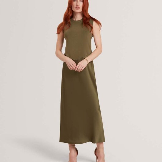 Ted Baker High Neck Knitted Panel Maxi Column Dress Khaki