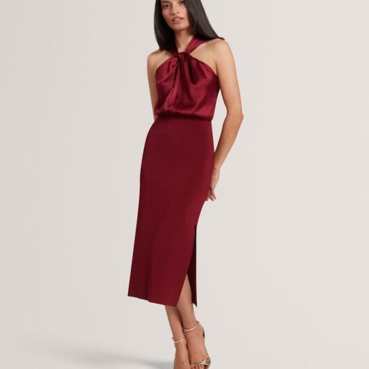 Ted Baker Knitted Halter Neck Midi Waisted Dress Dark Red