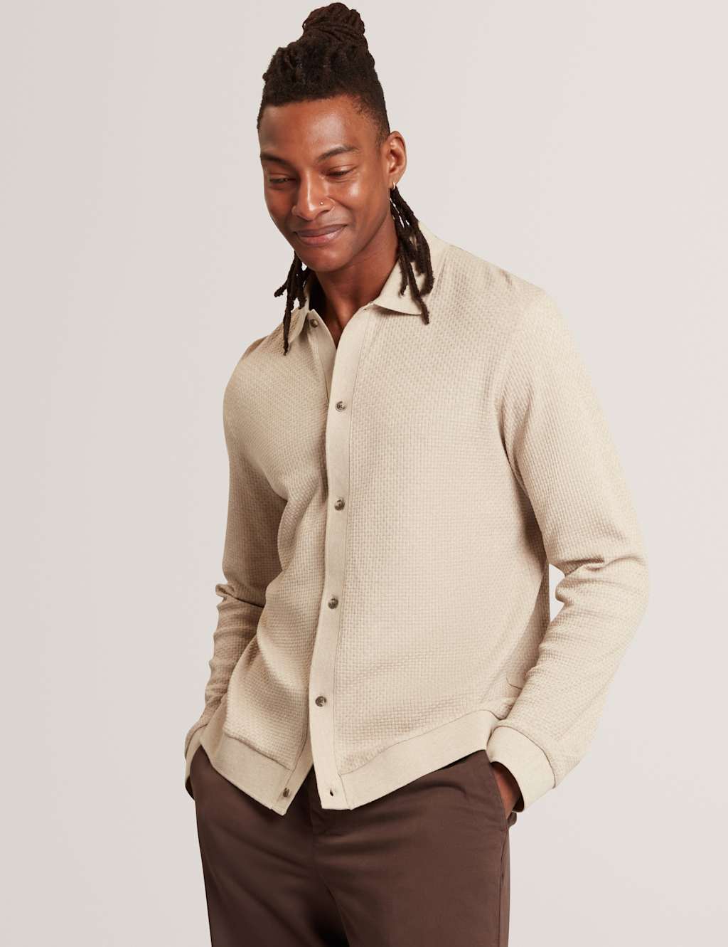 Ted Baker Pure Cotton Knitted Long Sleeve Polo Shirt Taupe