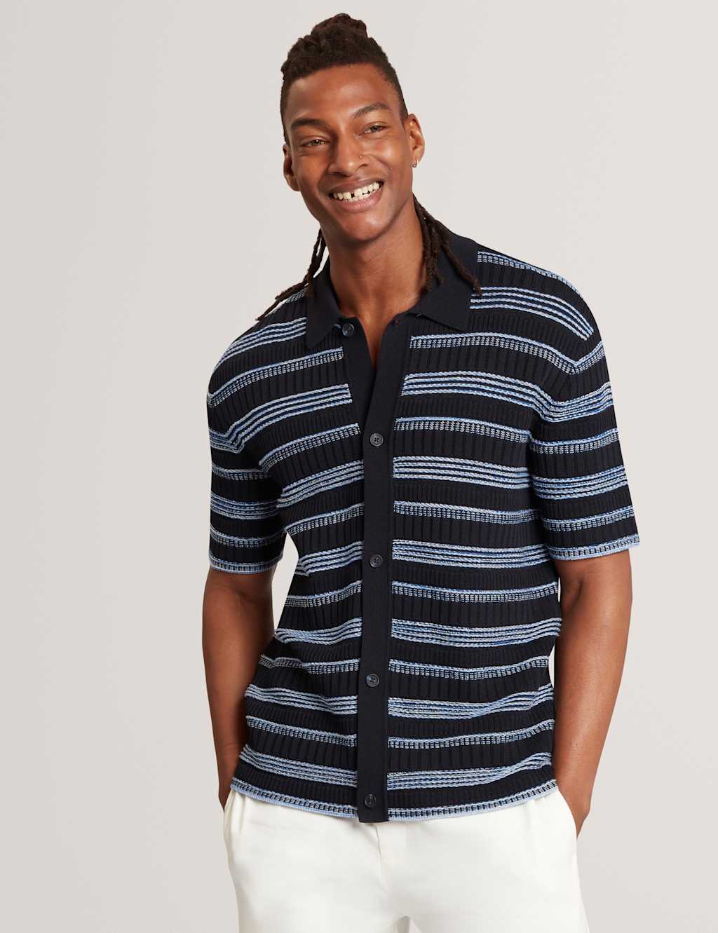 Ted Baker Pure Cotton Striped Short Sleeve Knitted Shirt Navy