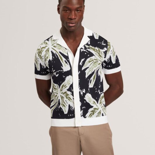 Ted Baker Regular Fit Floral Knitted Shirt Navy