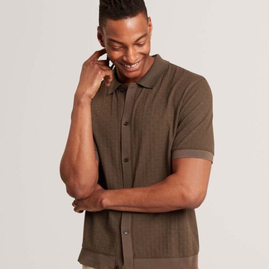 Ted Baker Textured Button Through Knitted Polo Shirt Dark Brown