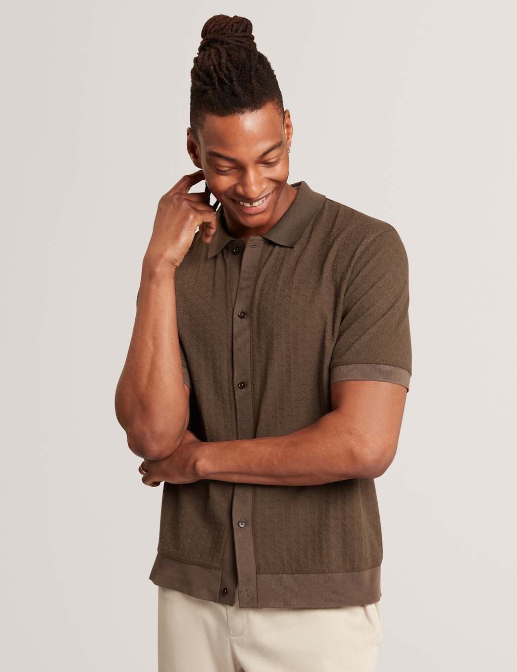 Ted Baker Textured Button Through Knitted Polo Shirt Dark Brown