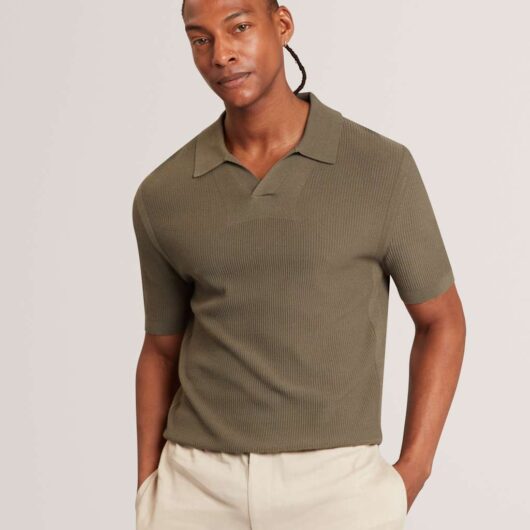 Ted Baker Textured Open Neck Knitted Polo Shirt Khaki
