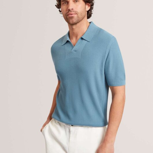 Ted Baker Textured Open Neck Knitted Polo Shirt Light Blue